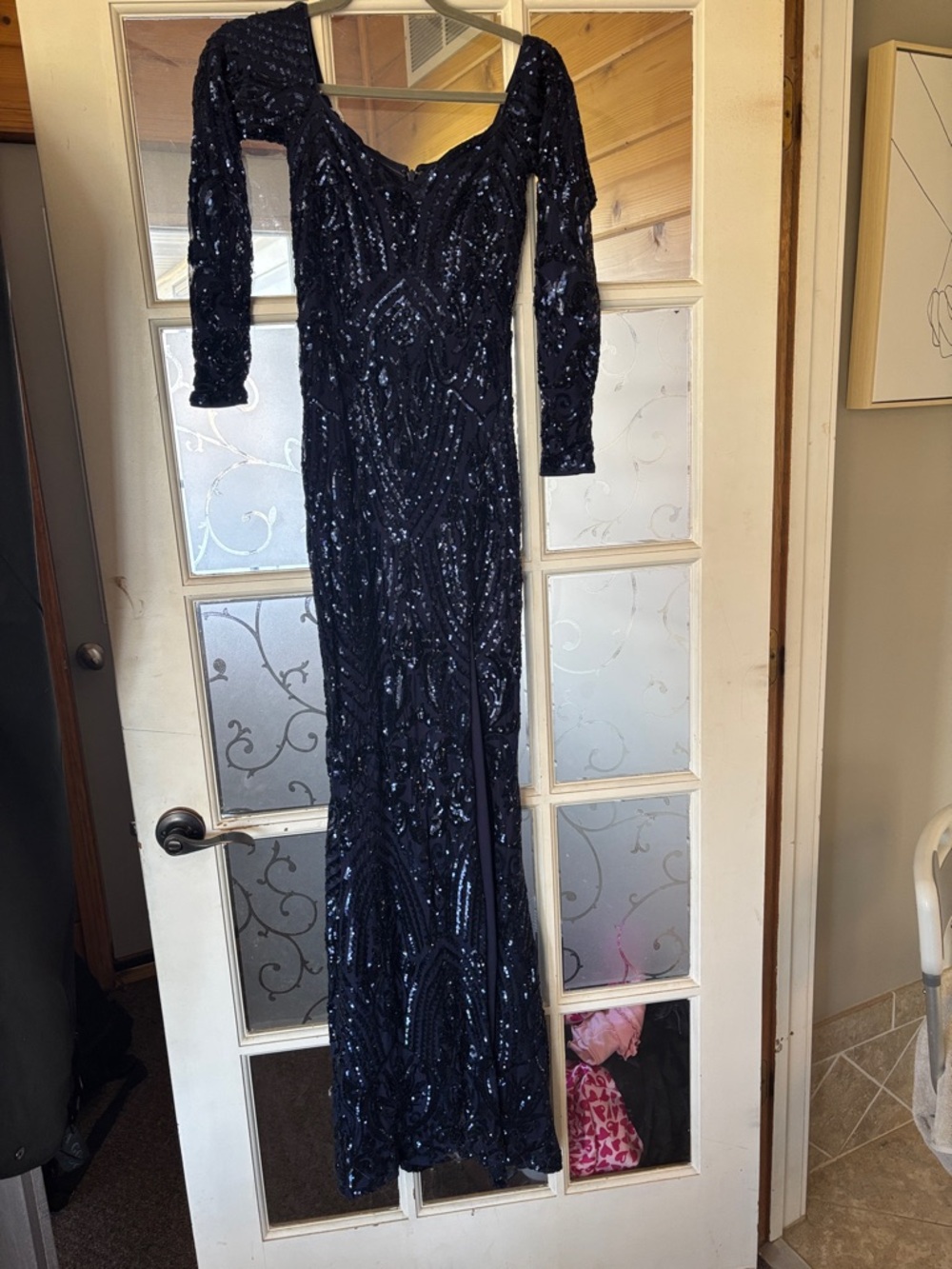 Lulu's Navy Sequin Long Sleeve Prom Dress